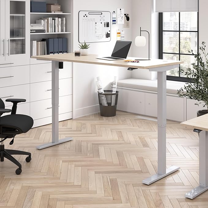 Bush Business Furniture Move 40 Series 72W x 30D Electric in Natural Elm with Silver Base, Ergonomic Sit-Stand Computer Table for Home and Professional Office