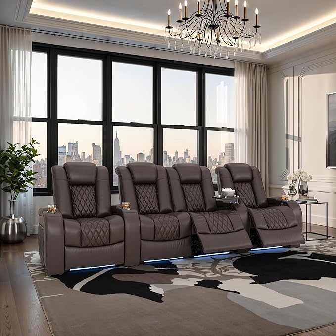 Seatcraft Diamante Zero-Gravity CoolZero Italian Leather Home Theater Seating, Power Headrest, Power Recline, Row of 4 Middle Loveseat, Brown