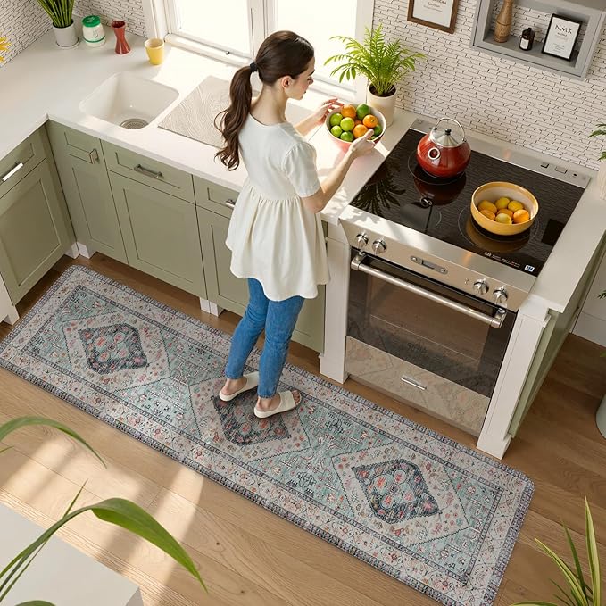 KIMODE Anti Fatigue Mat for Kitchen Floor, Boho Oriental Kitchen Runner Rug, Non Slip Waterproof Kitchen Rug, Vintage Kitchen Mat for Floor, Laundry, Office, Sink, Desk Blue 20"x71"