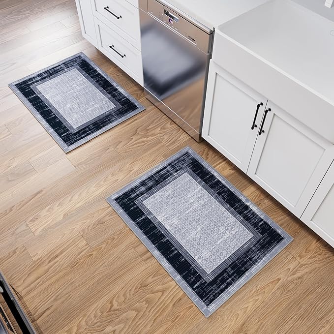 Ottomanson Rugs for Entryway 2'3" x 3' - 2 Pack Non Slip Border Small Area Rugs Durable Front Door Mat Rug Stain Resistant Entrance Rugs for Bathroom Kitchen Bedroom & Living Room, Gray/Navy