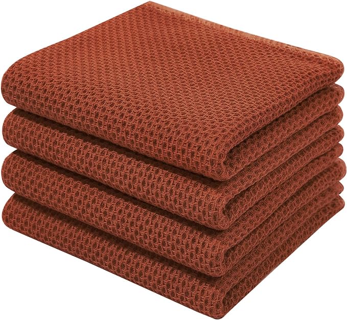Homaxy 100% Cotton Waffle Weave Kitchen Dish Towels, Ultra Soft Absorbent Quick Drying Cleaning Towel, 13 x 28 Inches, 4-Pack, Rust