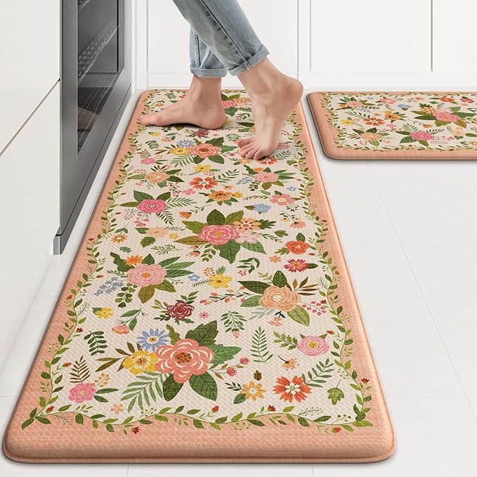 KIMODE Anti Fatigue Kitchen Mats, Padded Kitchen Floor Mats 17"x47"+17"x29", Farmhouse Kitchen Rugs Sets of 2, Pink Rugs for Kitchen Floor, Cushioned Standing Mat for Laundry Office Sink Desk