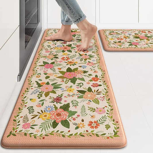 KIMODE Anti Fatigue Kitchen Mats, Padded Kitchen Floor Mats 17"x47"+17"x29", Farmhouse Kitchen Rugs Sets of 2, Pink Rugs for Kitchen Floor, Cushioned Standing Mat for Laundry Office Sink Desk
