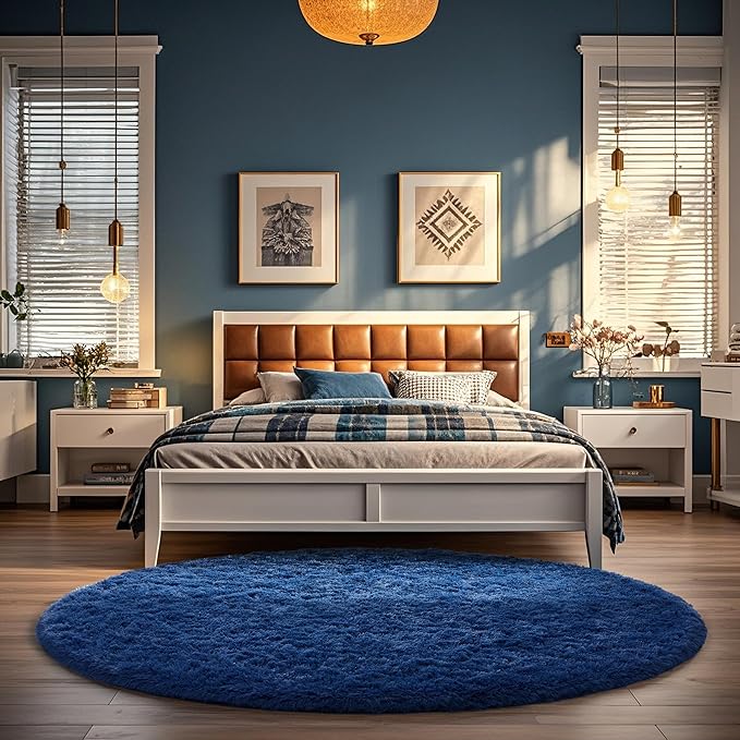Ophanie Round Rug 5Ft Blue Circle Area Rug, Boys Room Decor, Fluffy Fuzzy Bedroom Carpet, Plush Soft Shaggy Living Room Rugs for Kids Home Decor Aesthetic, Nursery
