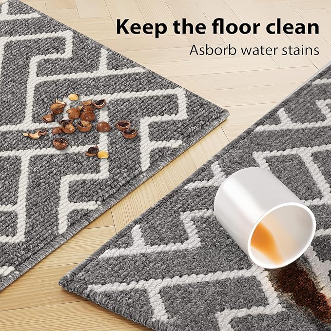 hicorfe Kitchen Rugs and Mats Sets,Non-Slip 2 Pieces Absorbent 100% Polypropylene Rug,Comfort Kitchen Runner Mat,Washable for Kitchen,Sink,Laundry(20" x 31.5" Plus 20" x 48",Grey)