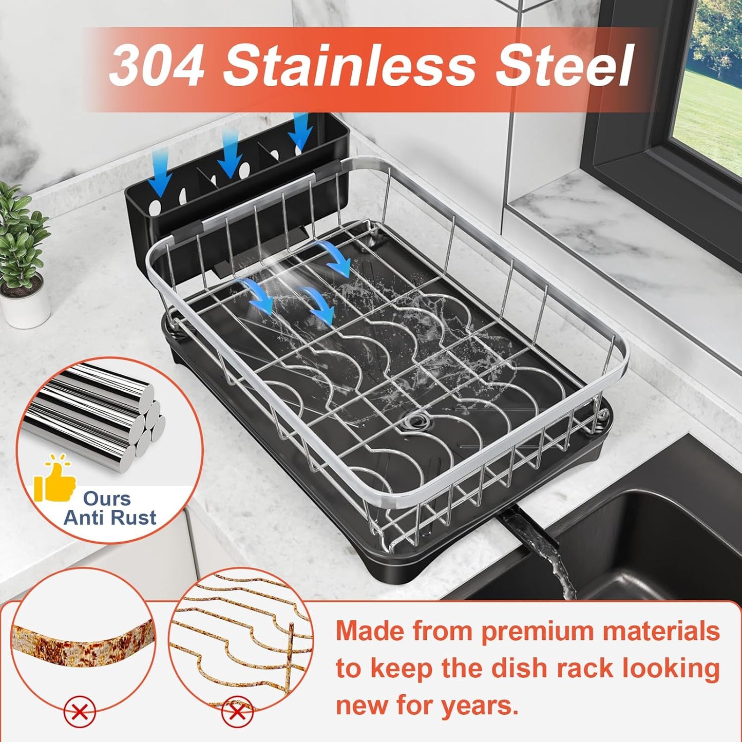 Dish Drying Rack - 304 Stainless Steel Dish Rack for Kitchen Counter with Utensil Holder & Cutlery Tray, Space Saving Countertop Organizer, Black