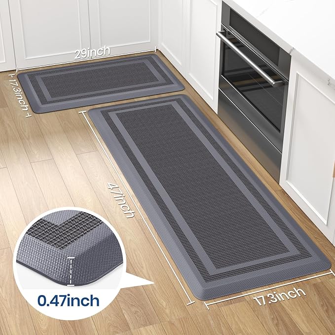 KitchenClouds [2 PCS Kitchen Rugs Cushioned Anti-Fatigue Kitchen Mats for Floor Waterproof Kitchen Rug Set Non-Slip Comfort Standing Mat for Office, Sink, Laundry 17.3"×29"+17.3"×47", Grey