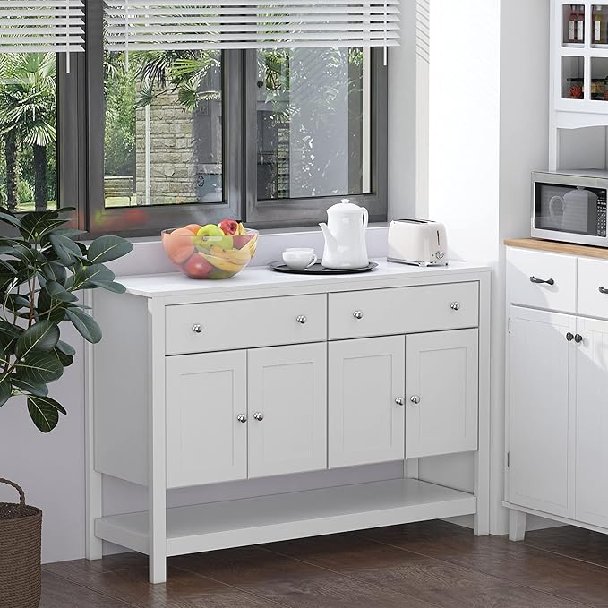 HOMCOM 47" Coffee Bar Cabinet, Sideboard Buffet, Accent Kitchen Cabinet with Adjustable Shelves and Drawers for Living Room, White