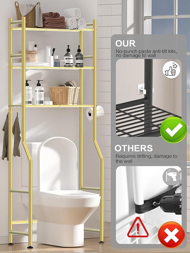 3 Tier Over The Toilet Storage Rack with 2 Basket, Metal Freestanding Bathroom Shelves Toilet with Paper Holder and 4 Hooks, Over Toilet Storage Shelf for Bathroom Storage, Glod