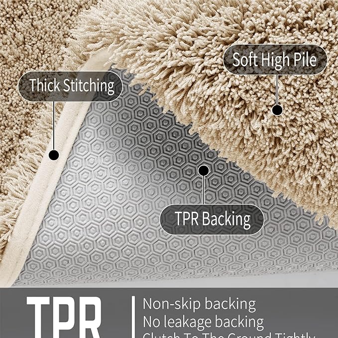 Yimobra U Shaped Toilet Bath Rug, Fluffy Plush, Super Shaggy Soft Non Slip, Water Absorbent Microfiber Bath Mat, Dries Quickly, Machine Washable Thick Bathroom Rugs, 20"x 24", Pure Beige