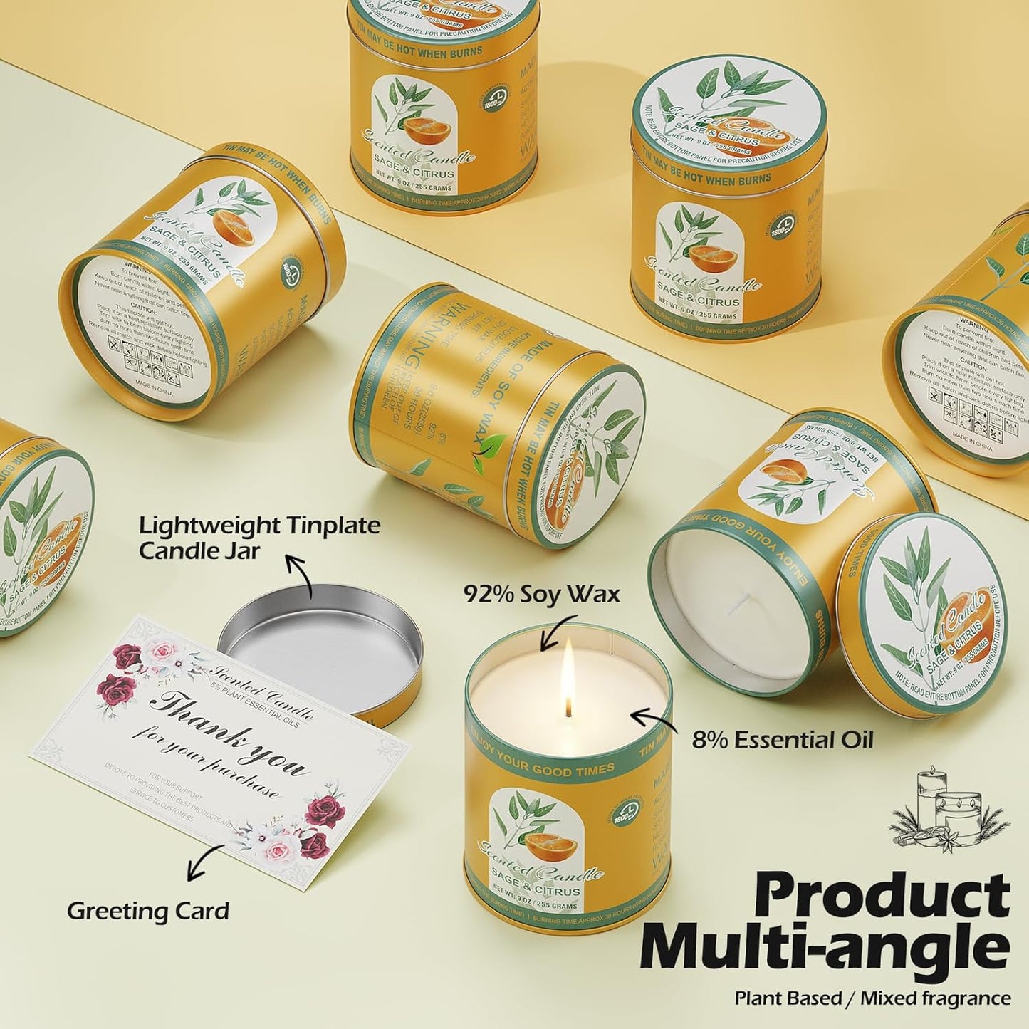 Sage&Citrus Scented Candles Gift Set | 2Pack 18oz 8% Essential Oils 80H Burn | Pure Soy Wax for Aromatherapy Tin Jar Candle | Meditation, Yoga,Smokeless, Relaxation&Sleep Aid Gift Set for Men&Women