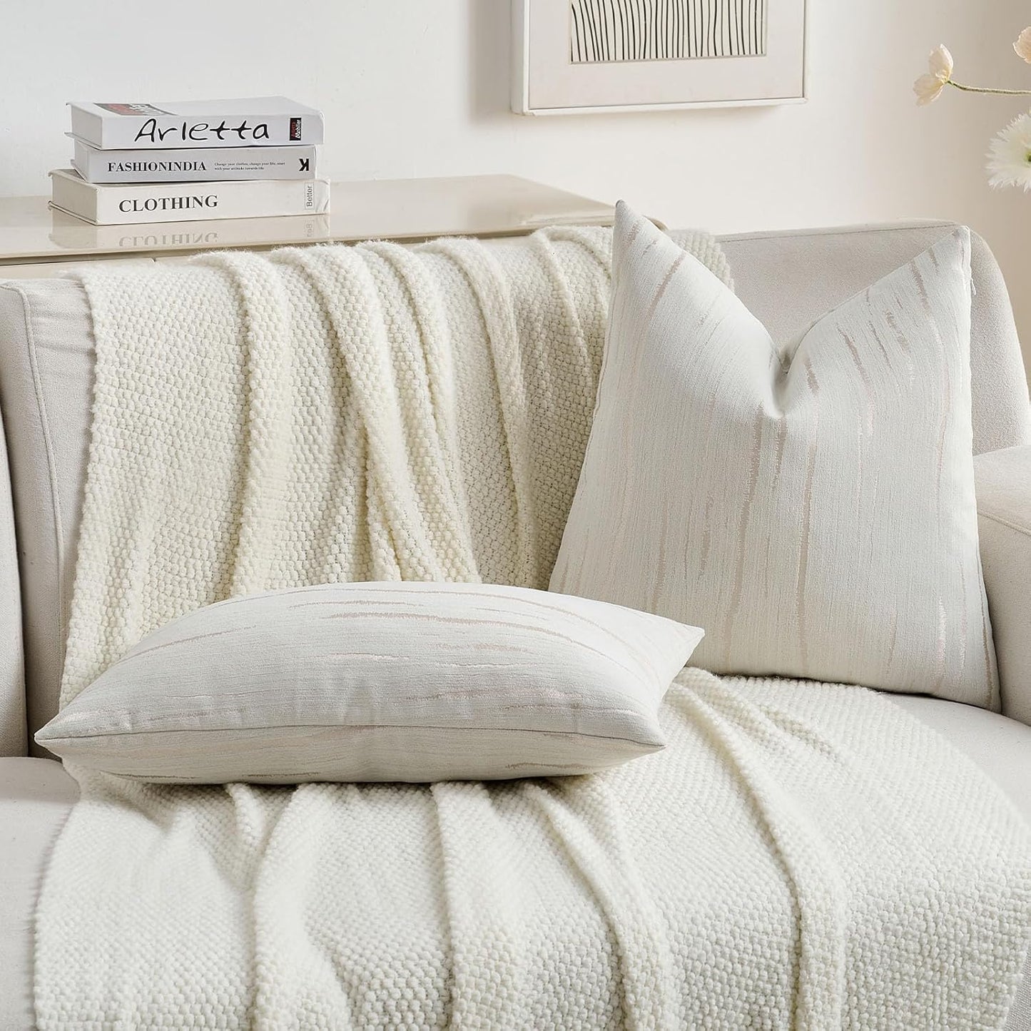 FUTEI Cream Chenille Decorative Throw Pillow Covers 24x24 Inch Set of 2,Soft Embossed Striped Textured European Cushion Case,Modern Home Decor for Couch Bed Living Room