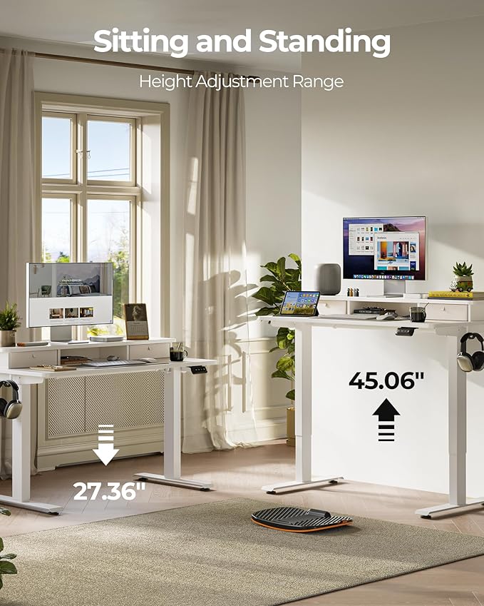 FEZIBO 60 x 24 Inch Height Adjustable Electric Standing Desk with Double Drawer, Sit Stand Desk, Home Office Stand Up Table with 4 Height-Adjustable Feets & 2 Hooks, White