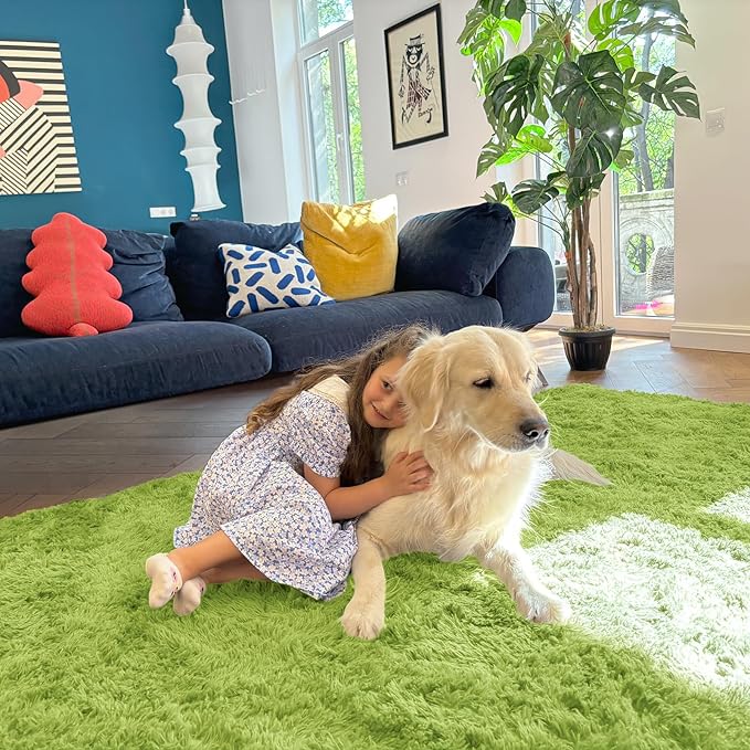 OLANLY 5x8 Machine Washable Large Area Rugs for Living Room, Bedroom, Soft Fluffy Shaggy Bedside Rug, Indoor Floor Carpet for Kids Girls and Boys, Dorms, Nursery, Home Decor Aesthetic, Grass Green