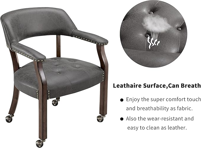 MODERION Solid Wood Boss Caption's Chairs,Dinning Chairs with Wheels and Arms, Office Desk Chairs, Classic Swivel Accent Chairs with Upholstered,Dinner Chairs,31.5”H for Living Room Gray SY318GY