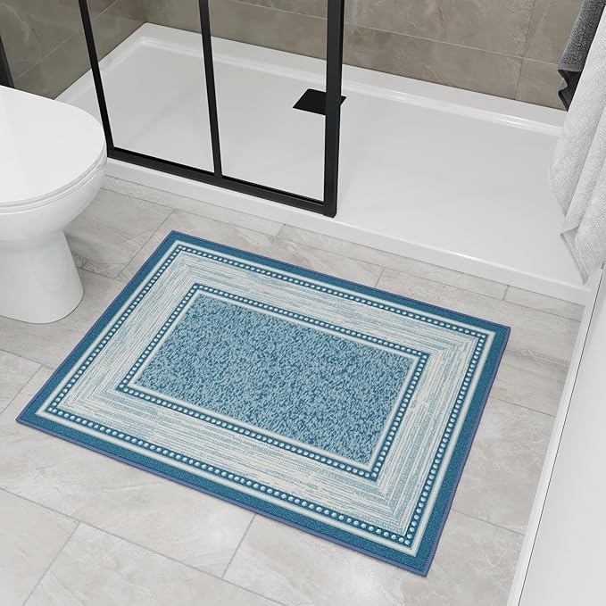 Ottomanson Rugs for Entryway 2'3" x 3' Non Slip Border Small Area Rugs Durable Front Door Mat Rug Stain Resistant Entrance Rugs for Bathroom Kitchen Bedroom & Living Room, Turquoise