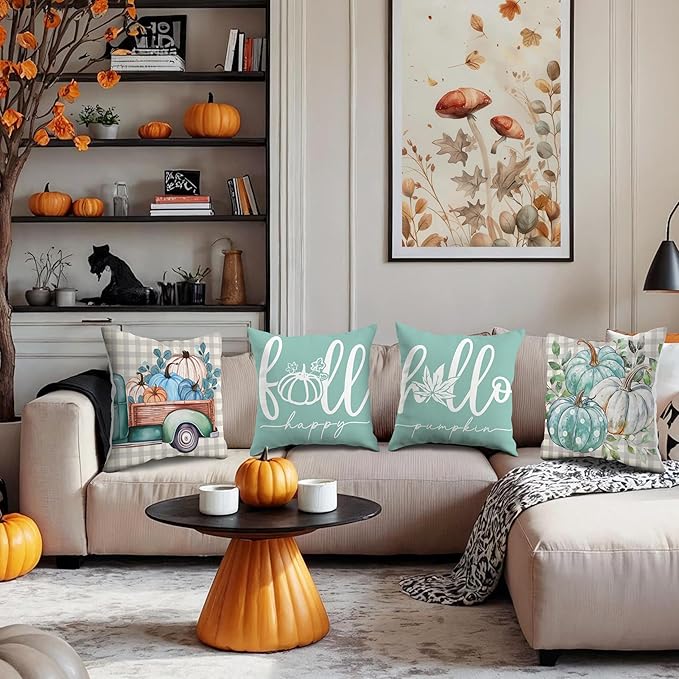 JioJio Chan Fall Pillow Covers 18x18, Set of 4 Thanksgiving Pumpkin Throw Pillows Covers for Sofa Couch, Fall Plaid Farmhouse Decoration for Living Room Bedroom Indoor Outdoor Home Autumn Decor