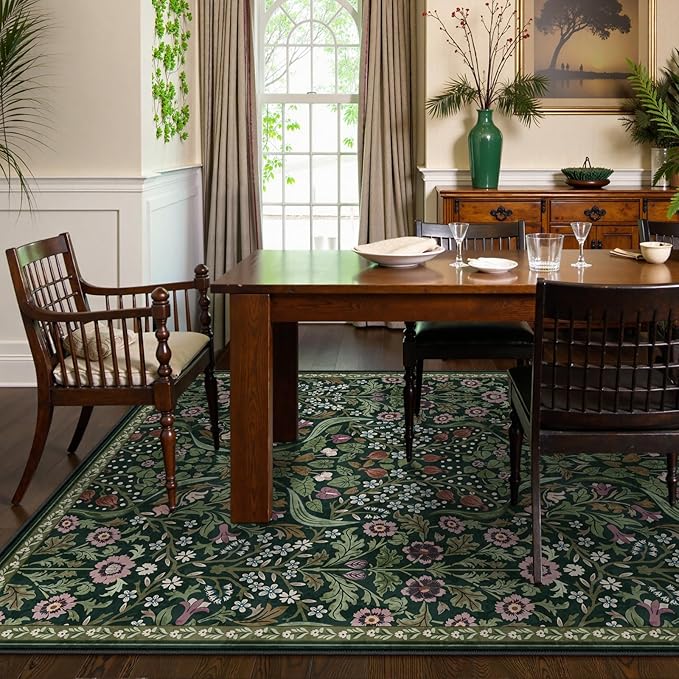Lahome Floral Living Room Rug, 6x9 Soft Washable Rugs for Bedroom, Thin Green Area Rug for Dining Room, Non Shedding Print Carpet for Guestroom