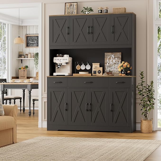 HOSTACK 71" Tall Kitchen Pantry Storage Cabinet with Charging Station, 55" Wide Kitchen Hutch Cabinet with Large Countertop, Farmhouse Food Pantry with Drawers for Living Room (Black)