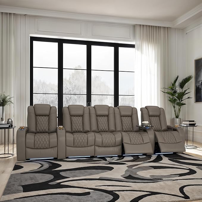 Seatcraft Diamante Zero-Gravity CoolZero Italian Leather Home Theater Seating, Power Headrest, Power Recline, Row of 5 Middle Sofa, Gray