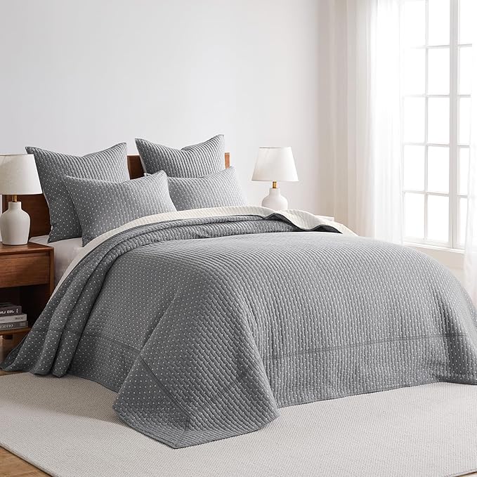 Levtex Home Cross Stitch Reversible Twin Bedspread Set (84x104in) with 1 Pillow Sham (26x20in) - Stitch Texture - Grey and White - Cotton Twin Size Bedspread Set - Lightweight, Soft, Pre-Washed
