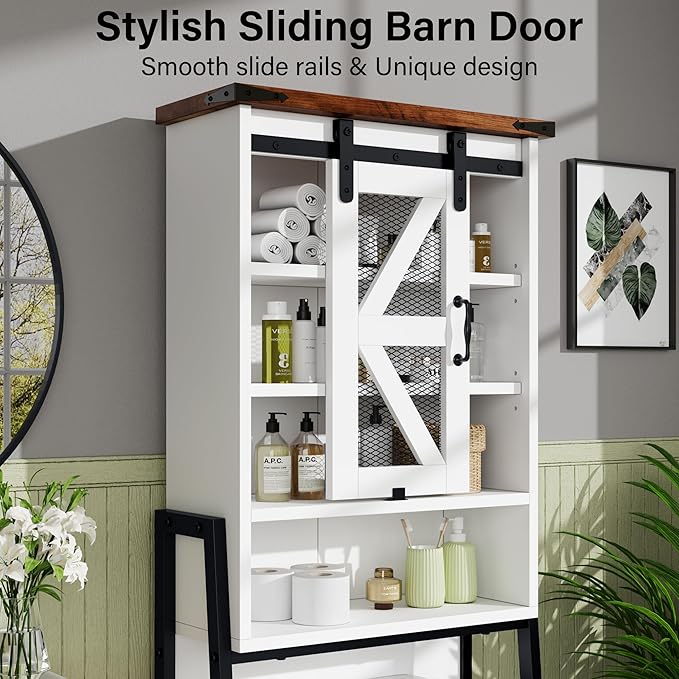 Over The Toilet Storage Cabinet, Above Toilet Storage Cabinet with Adjustable Shelves and Barn Door, Farmhouse Behind Toilet Bathroom Organizer for Bathroom, Laundry Room, Off-White