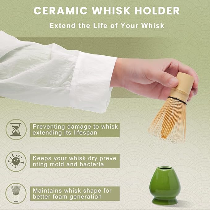 Matcha Whisk Set,Matcha Bowl with Spout,Matcha Whisk （Chasen) and Holder,Matcha Sifter and Bamboo Matcha Spoon,Scoop Matcha Making Kit 6Pcs Light Green