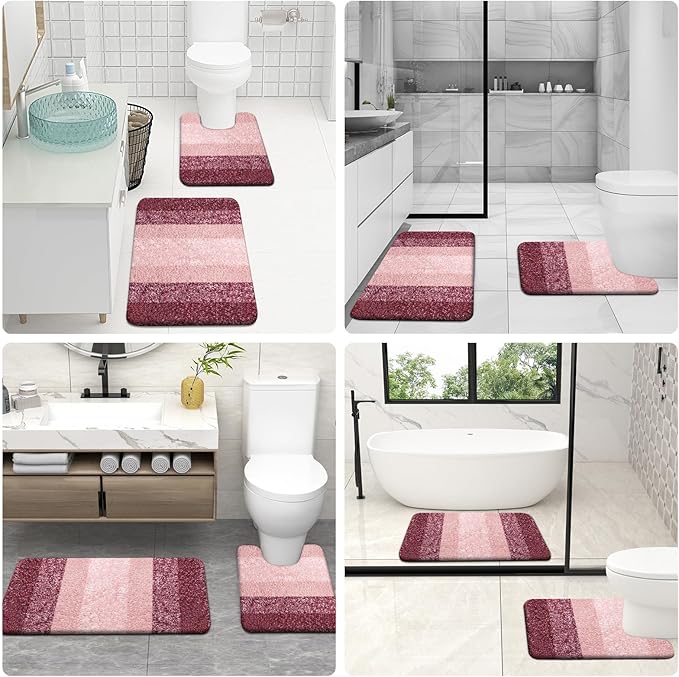OLANLY Bathroom Rug Set 2 Piece, Soft Absorbent Microfiber Bath Mats and U-Shaped Contour Toilet Rug, Non-Slip, Machine Wash Dry, Plush Shaggy Bath Mats for Bathroom (24"x16"+24"x20", Red)