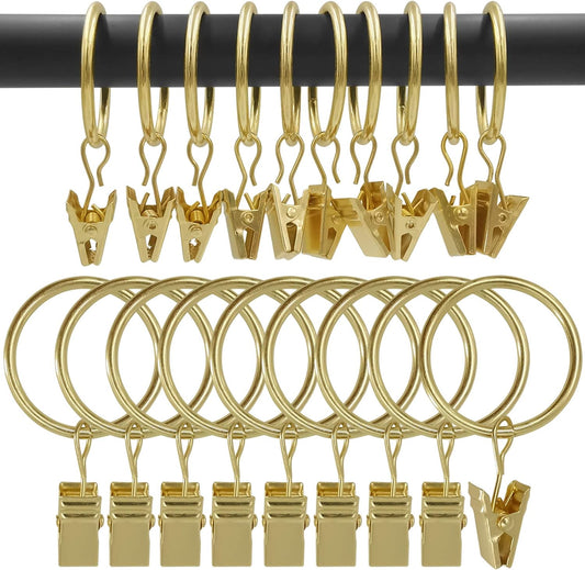 100 Pack Curtain Rings with Clips, Drapery Clips with Rings, Drapes Rings 1.26 in Interior Diameter, Fits up to 1 in Curtain Rod, Gold Color