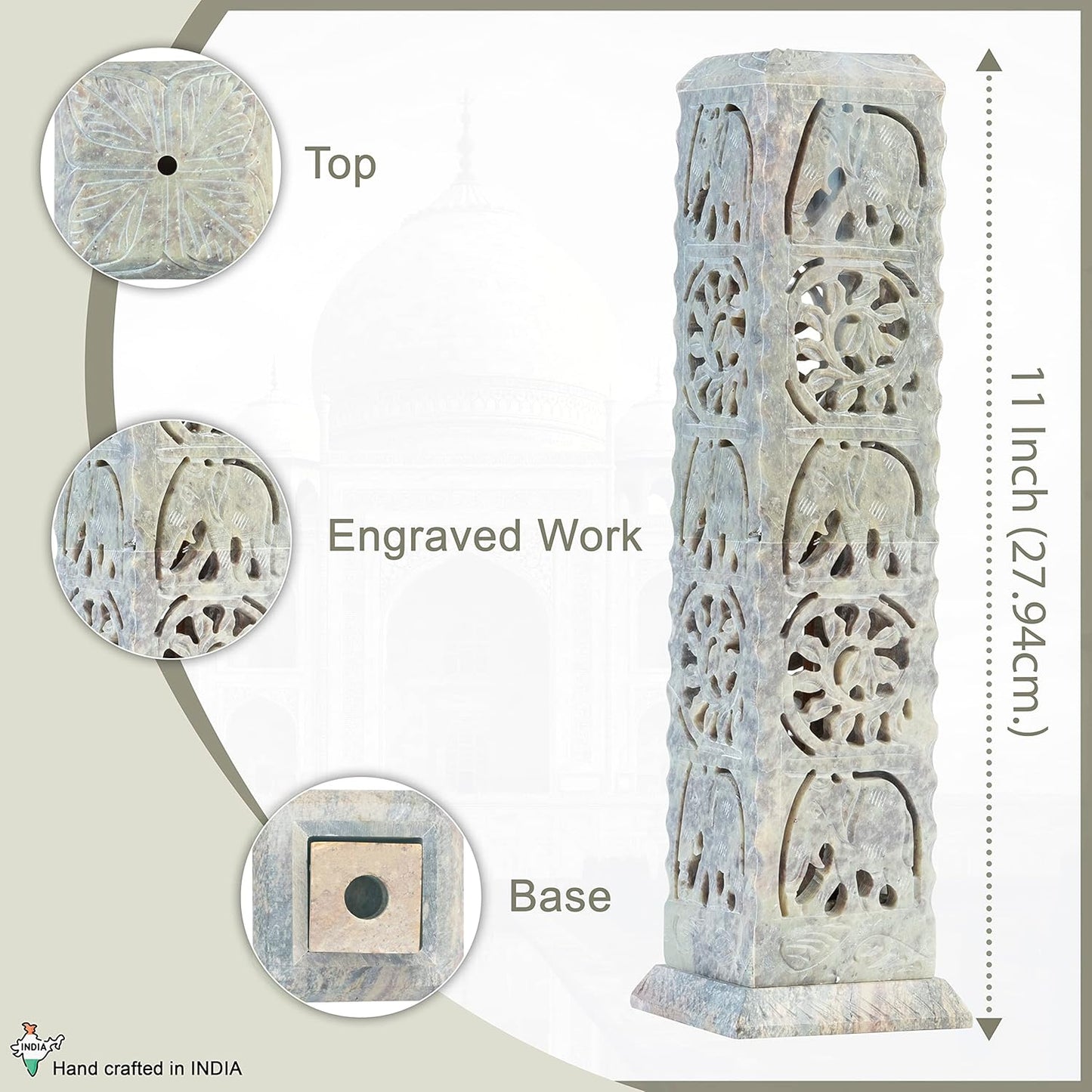 Crocon Handmade Incense Stick Holder Soapstone Incense Tower Burner | Candle Stand Tea Light Holder |Office Decor Room Fragrance Decorative Kitchen Home Spa Great Gift Set - 11X3X3 Inch