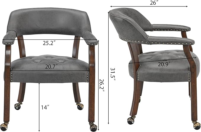 MODERION Modern Classic Dinning Chairs with Wheels and Arms, Office Desk Chairs, 31.5H for Living Room, Gray, Rubber Wood, Suede, Memory Foam, 260 lbs Capacity