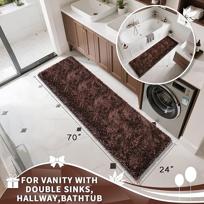 Yimobra Long Bathroom Rugs Runner 70x24 Inch, Extra Thick Soft Absorbent Chenille Bath Mat, Non Slip Machine Washable, Quick Dry Bath Rugs for Bathroom Floor, Tub and Shower, Brown