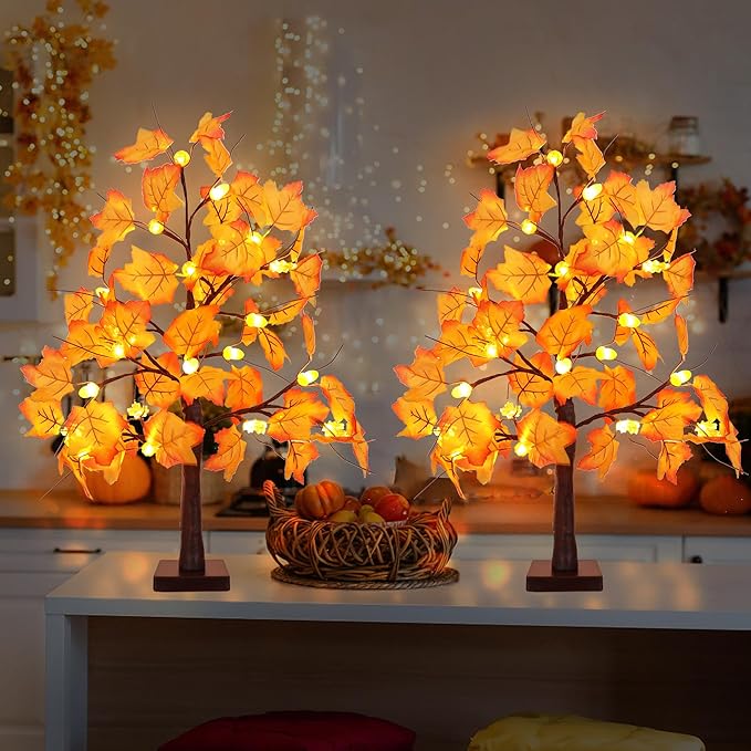 2 Pack 24 Inch Fall Maple Tree with 48LED Battery Operated Lighted Tabletop Artificial Tree with Pumpkin Acorn Maple Fall Centerpieces Indoor Fall Decorations for Home Office Thanksgiving Table Decor