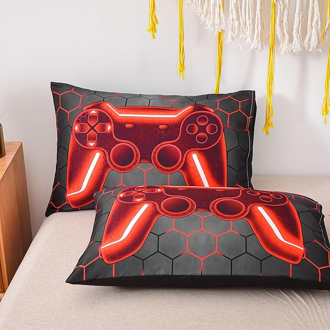 NTBED Game Console Comforter Set for Boys Girls Kids Geometric Lightweight Microfiber Gaming Bedding Sets (red, Twin)