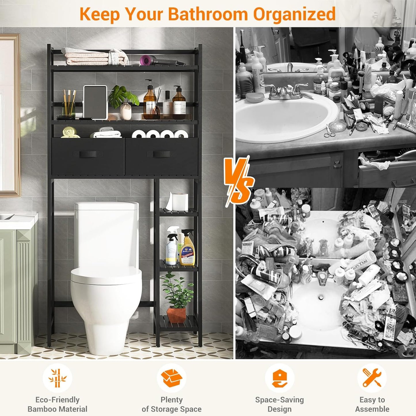 Homykic Over The Toilet Storage with 2 Drawers, Bamboo Above Toilet Shelf Organizer, Bathroom Tower Rack with Toilet Paper Holder Stand, Space Saver, Mass Storage, No Rust, Black