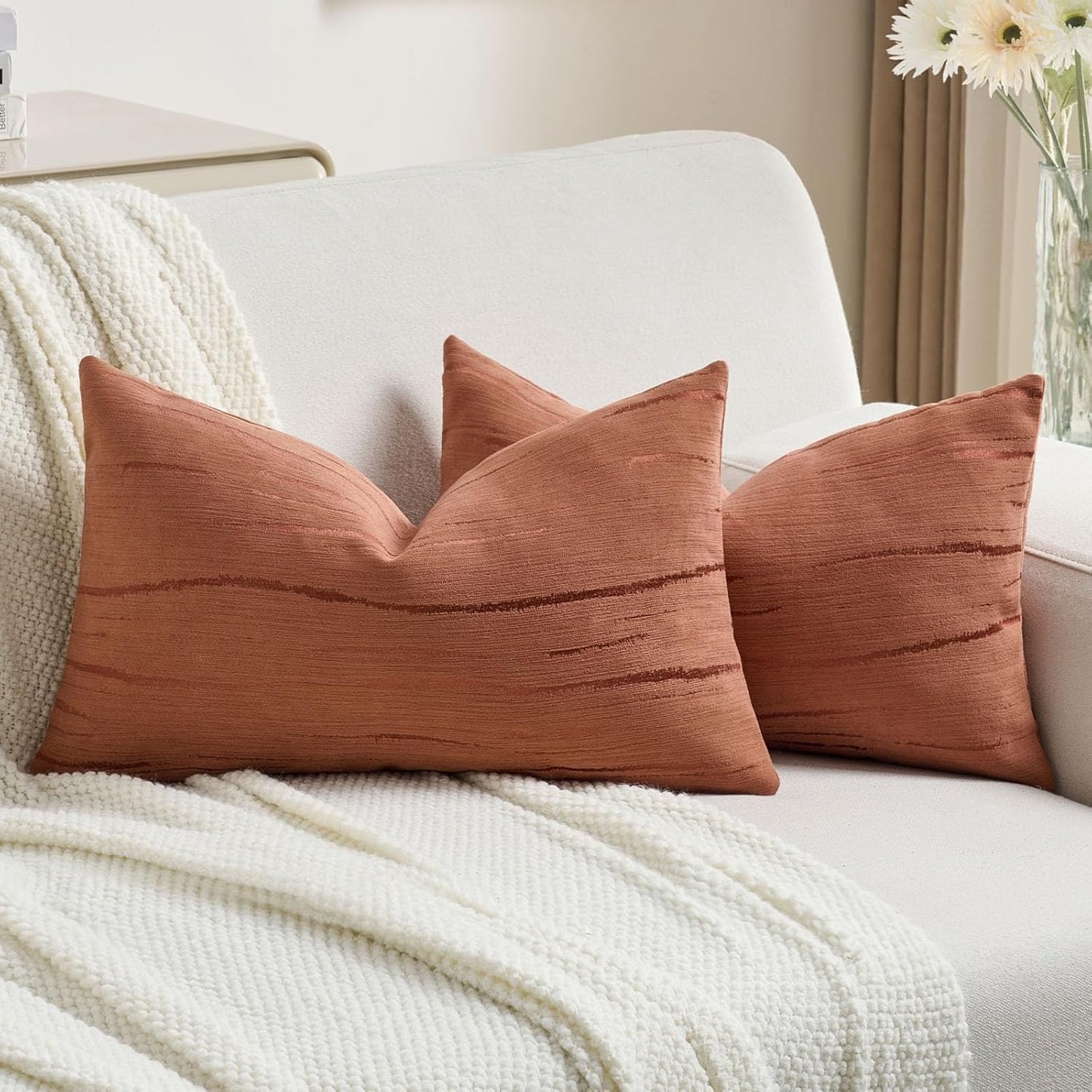 FUTEI Rust Chenille Decorative Throw Pillow Covers 12x20 Inch Set of 2,Soft Embossed Striped Textured Lumbar Pillow Cases,Modern Home Decor for Couch Bed Living Room