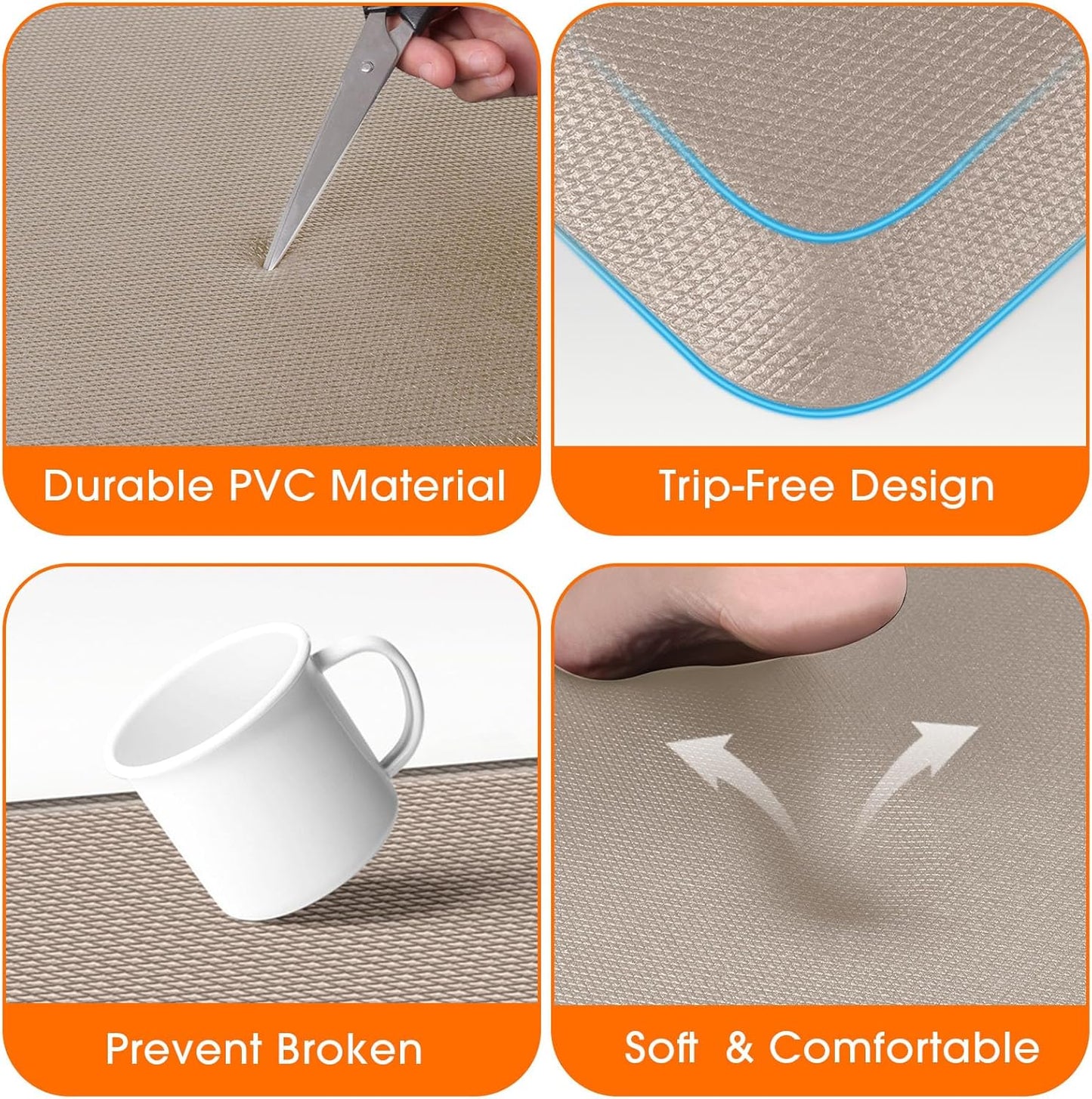 Kitchen Mat, Cushioned Thick Floor Comfort Mat, with Non-Slip Bottom, Waterproof & Stain Resistant & Easy Clean, Standing Desk Mat for Kitchen, Sink, Office (17.3''x60'', Khaki)