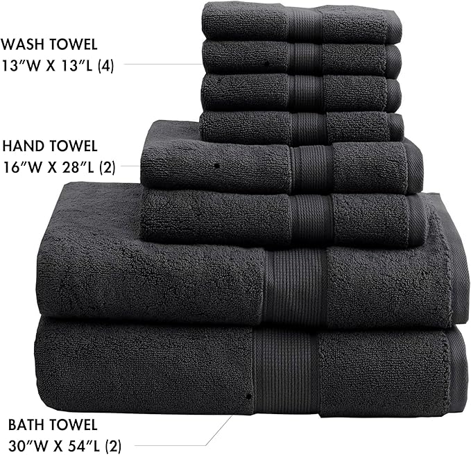 Madison Park 800GSM Bathroom Towel Set of 8 100% Cotton Bath Towel Set for Bathroom Luxurious Highly Absorbent 2 Bath Towels 2 Hand Towels 4 Washcloths Quick Dry Spa Quality Black