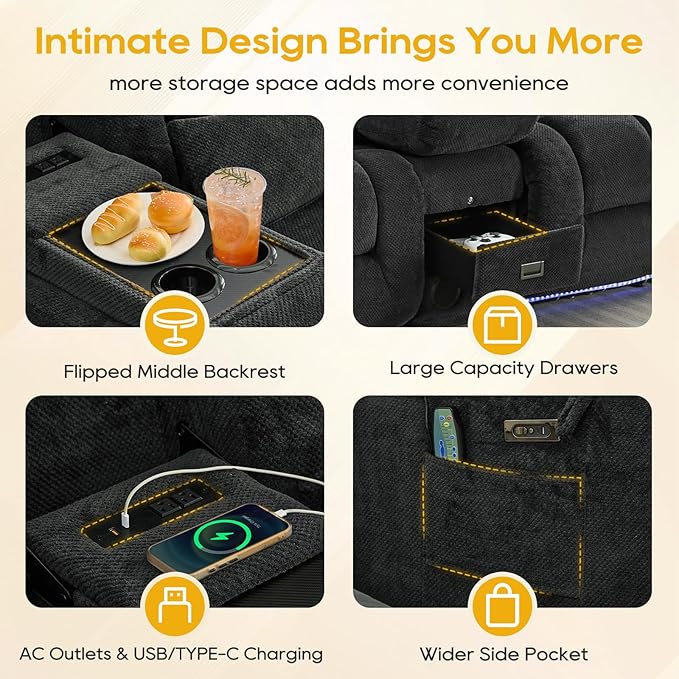 IPKIG 67" Power Reclining Loveseat Sofa, Electric Home Theater Seating with Console/4 Colors Ambient Lighting/Bluetooth Speakers/USB Ports/Built-in Outlets (Charcoal, Loveseat Recliner)