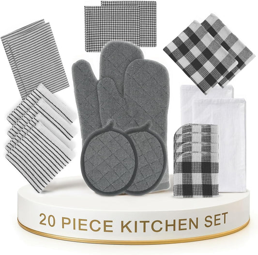 LANE LINEN Kitchen Towels & Dishcloths Set - 20-Piece Kitchen Essentials for New Home, Heat-Resistant Oven Mitts & Pot Holder, Absorbent Flour Sack Towels - Black