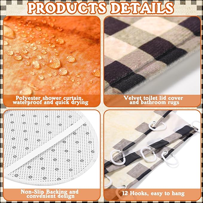 8 Pcs Hello Fall Grid Shower Curtain Set for Bathroom Include Harvest Autumn Pumpkin Shower Curtain Towels Non Slip Rugs Toilet Lid Cover Bath Mat and 12 Hooks for Autumn Bathroom Decor