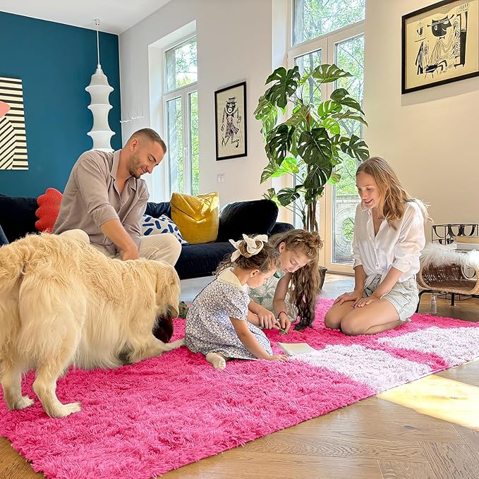 OLANLY 9x12 Machine Washable Large Area Rugs for Living Room, Bedroom, Soft Fluffy Shaggy Bedside Rug, Indoor Floor Carpet for Kids Girls and Boys, Dorms, Nursery, Home Decor Aesthetic, Hot Pink