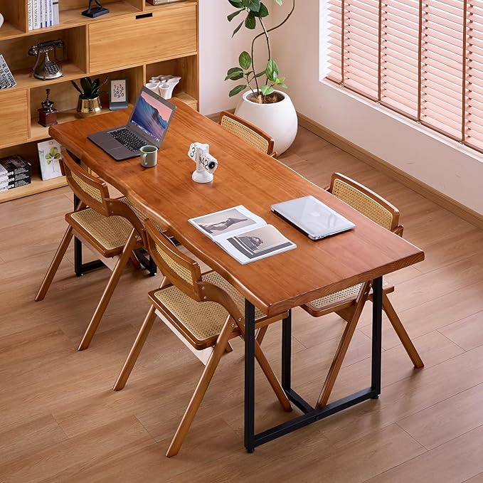 Solid Wood Administrative Desk, Dining Table with Durable Metal Legs, Uniquely Designed Leisure Table, Perfect for Restaurants and Home Offices, (Wood Brown, 78.74in)