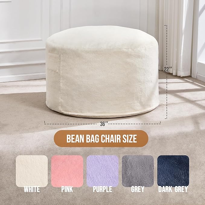 Hobestluk 3ft Bean Bag Chairs for Adults Large Beanbag Chair with Plush Faux Fur Cover Big Bean Bag Chair for Living Room Bedroom Dorm Office - White(36” x 36” x 22”)