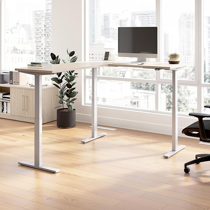 Bush Business Furniture 60-inch Height Adjustable L Shaped Standing Desk, Electric Sit-Stand Corner Computer Table, Ergonomic Office, Move 60 Series, Natural Elm with Metallic Gray Base