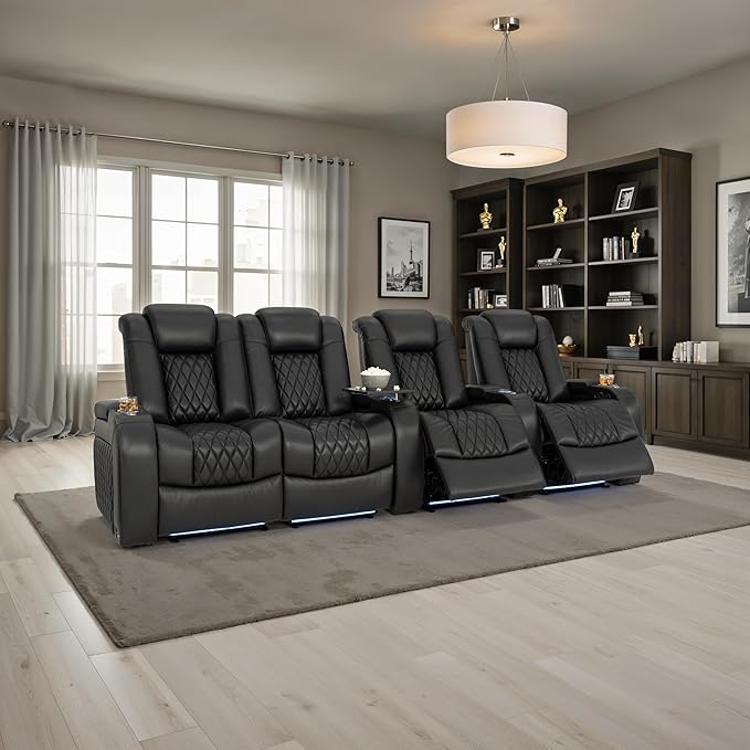 Seatcraft Diamante Zero-Gravity CoolZero Italian Leather Home Theater Seating, Power Headrest, Power Recline, Row of 4 Left Loveseat, Black