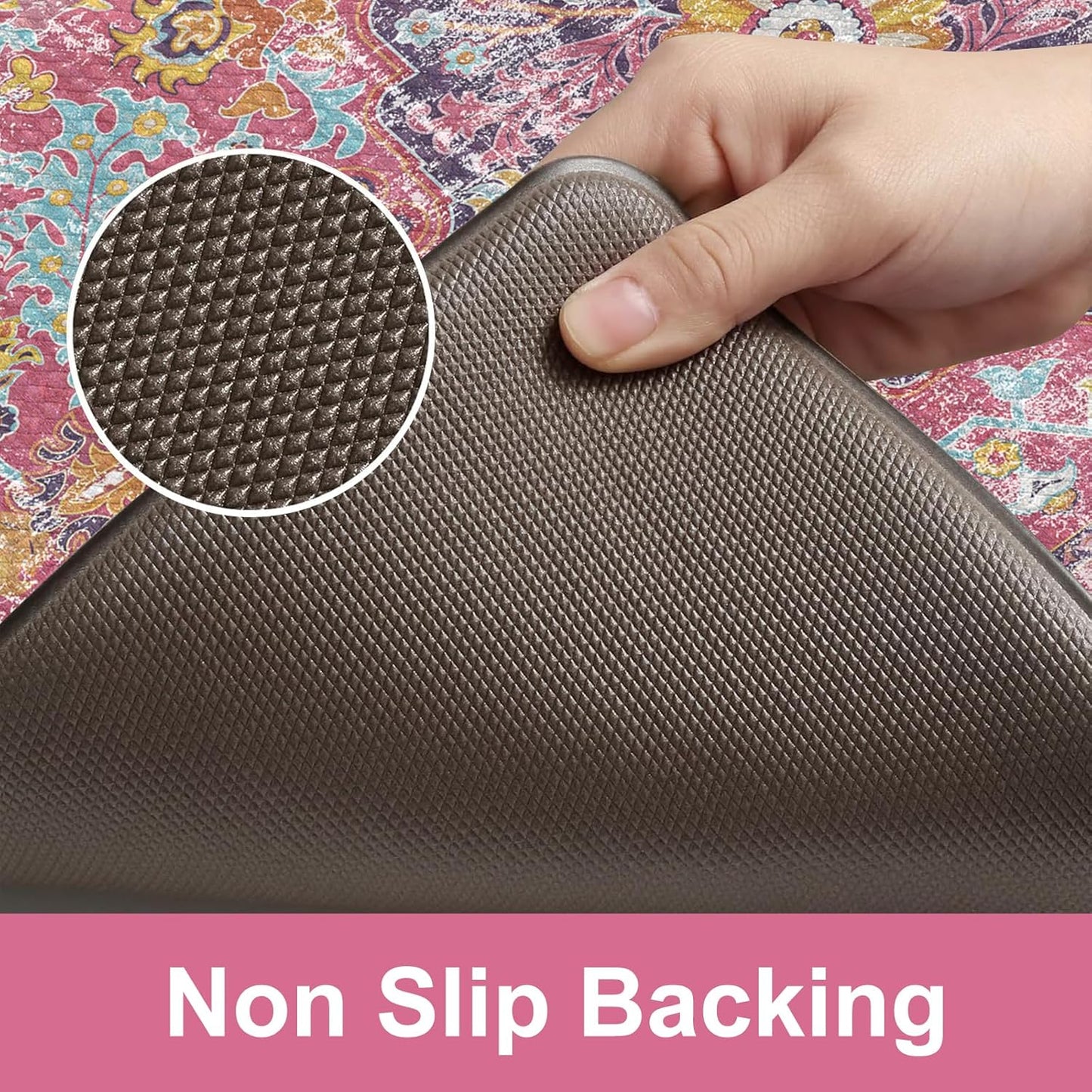 KIMODE Anti Fatigue Kitchen Mat, 17"x47"+17"x29" Boho Vintage Kitchen Rugs Sets of 2, Non-Slip Kitchen Mats for Floor, Cushioned Kitchen Floor Mats for Sink, Laundry, Office, Desk,Fuchsia/Multi