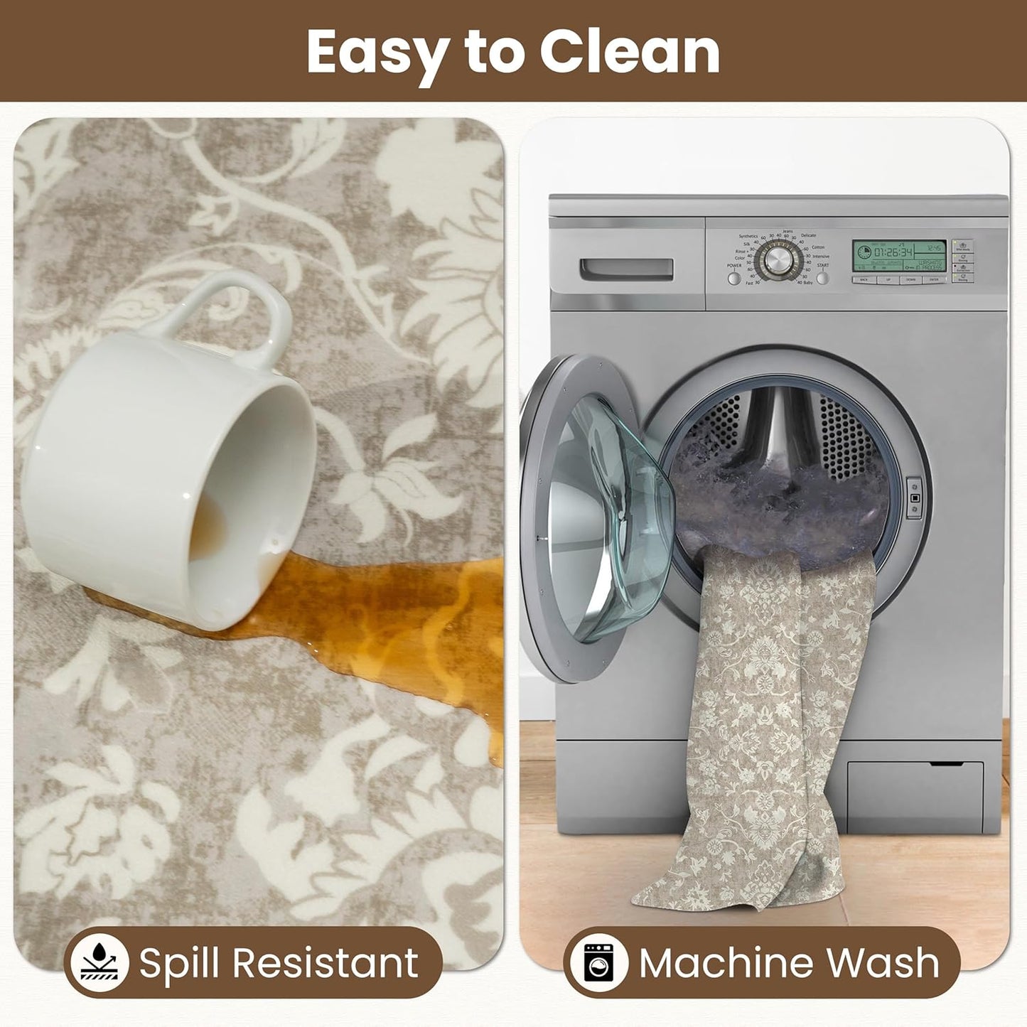 Washable Runner Rug 2x6 | Non Slip Rug Runners for Hallways, Entryways, Kitchens, Bathrooms, Bedrooms | Ultra-Soft Flannel Carpet Runners with Rubber Backing (Floral Sand, 2x6)