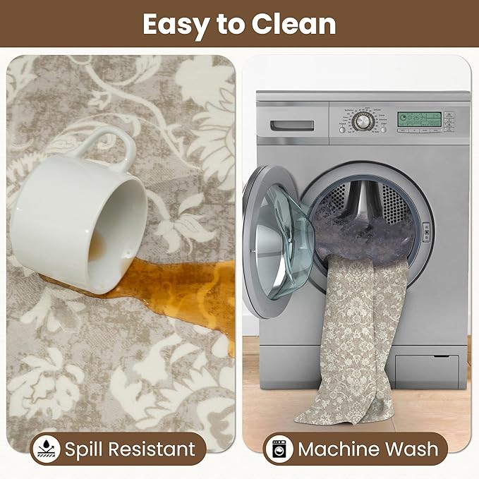 Washable Runner Rug 2x6 | Non Slip Rug Runners for Hallways, Entryways, Kitchens, Bathrooms, Bedrooms | Ultra-Soft Flannel Carpet Runners with Rubber Backing (Floral Sand, 2x6)