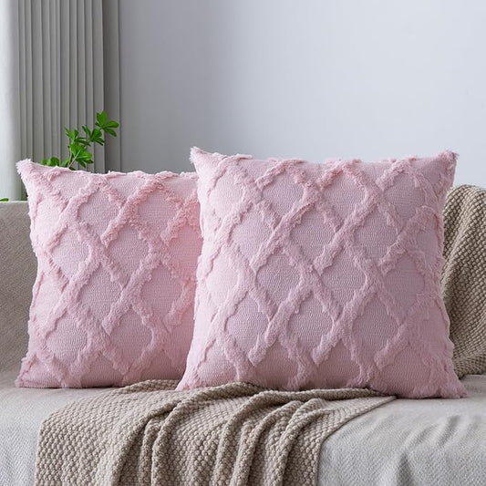 Set of 2 Soft Moroccan Throw Pillow Covers 22x22 Inch Plush Boho Decorative Pillow Cover Accent Cushion Case for Couch Sofa Bed, Light Pink